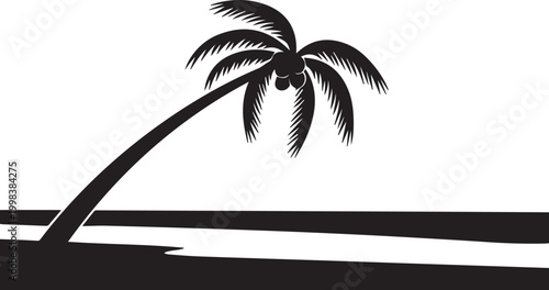 Tropical beach scene with a leaning palm tree and calm ocean waves, evoking a sense of paradise and relaxation on a sunny day