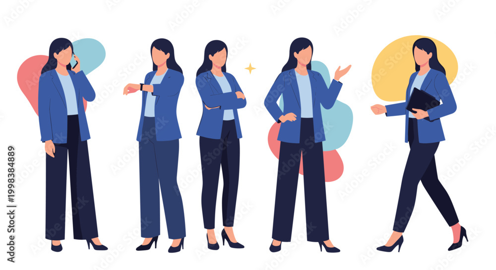 Obraz premium Set of five illustrations featuring a young professional woman in a blue blazer and dark trousers performing various actions and gestures for work.