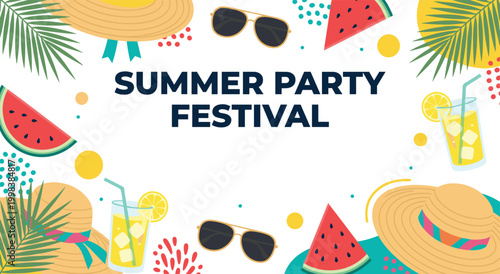 Festive summer party festival design. Bordered with straw hats, sunglasses, palm leaves, watermelon slices, and refreshing drinks. Vibrant dots and splashes add a playful touch.