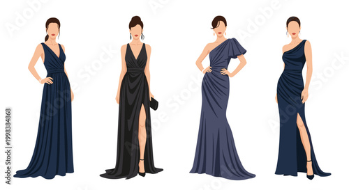 Elegant group of diverse women modeling fashionable evening gowns including sleeveless and one shoulder designs for formal occasions or galas.