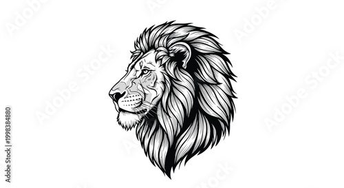 Detailed black and white engraving style portrait of a majestic lion head showcasing its mane and powerful features on a plain white background.