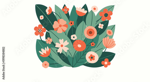 Vibrant floral arrangement illustration with various orange peach and pink flowers nestled among lush dark green leaves in a dense garden pattern.