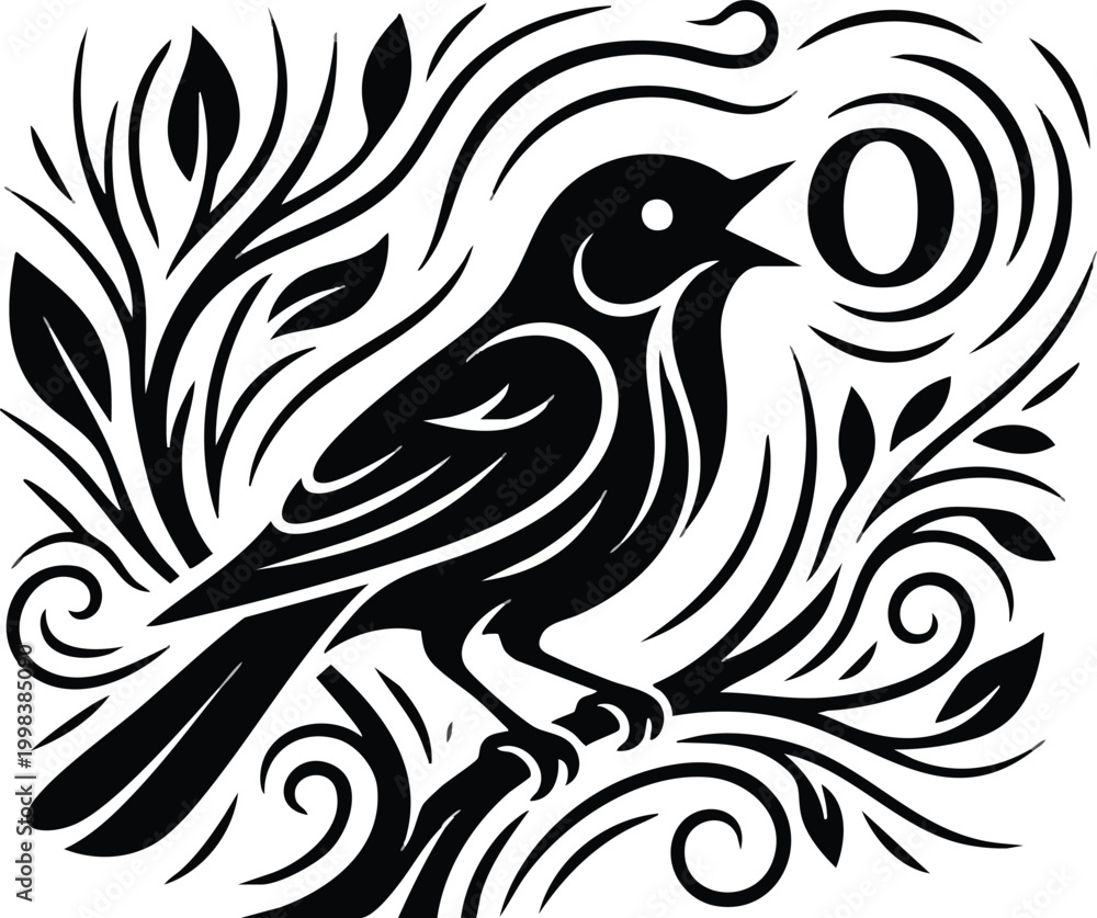 Obraz premium Grass Texture Design with Floral Patterns and Bird Illustration
