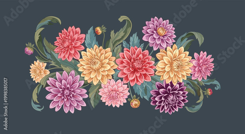 Colorful arrangement of dahlias in shades of pink, yellow, and purple is shown with green leaves on a dark background.