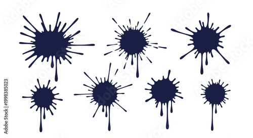 Collection of seven irregular dark blue ink or paint splats with various drips and sprays is shown on a white background.
