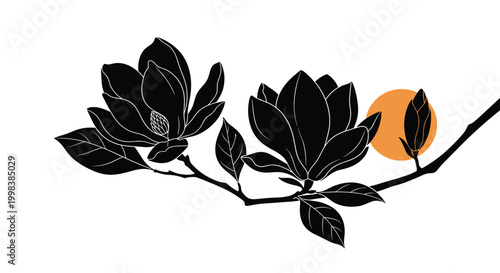 Black silhouette of a magnolia branch with flowers and buds is set against a simple orange sun on a white background.