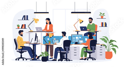 Professionals are shown working at their desks and standing stations in a modern, brightly lit open plan office space.