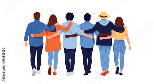 Diverse group of six friends is seen from the back, walking together with their arms around each other in a line.