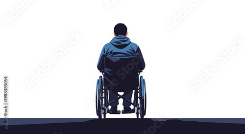 Back view of a person sitting in a wheelchair looking towards the horizon is presented in a minimalist graphic style.