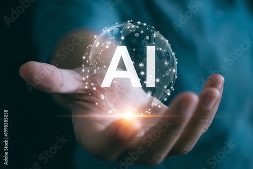 Human hand holding glowing AI sphere with digital network concept and futuristic light
