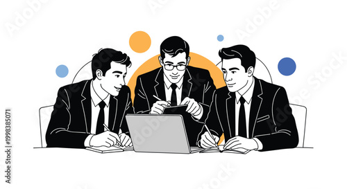 Three businessmen in suits are focused on a laptop screen while taking notes during a productive meeting or workshop.