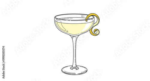 Elegant glass of pale yellow cocktail garnished with a long curly lemon zest twist is shown in a stylish illustration.