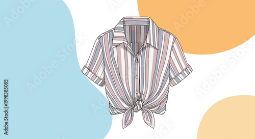 Short sleeved shirt with vertical stripes in pastel colors and a stylish tie-front knot is shown as a fashion illustration.