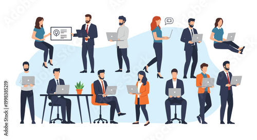 Collection of professional men and women are shown in various working poses using laptops and tablets in the office.