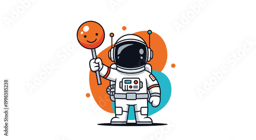 Cute cartoon astronaut in a spacesuit holds a round orange smiley face sign against a colorful cosmic background.
