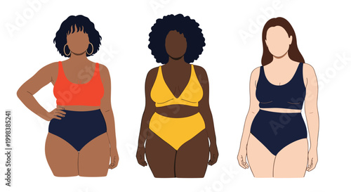 Three women with different body types and skin tones are shown wearing stylish high-waisted swimwear to celebrate body positivity.