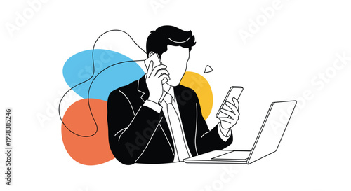 Busy businessman works on a laptop while simultaneously talking on two mobile phones to represent multitasking at work.