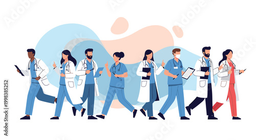 Group of diverse medical professionals, including doctors and nurses in lab coats and scrubs, walk together in a hospital.