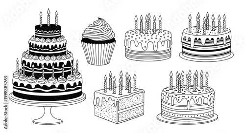 Detailed set of various celebration cakes and a cupcake in black and white line art style featuring birthday candles and decorative icing.