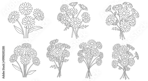 Multiple sets of daisy flower bouquets in black and white line art style for decorative botanical illustrations and spring coloring projects.
