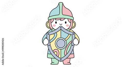 Cartoon child wearing armor and helmet.
