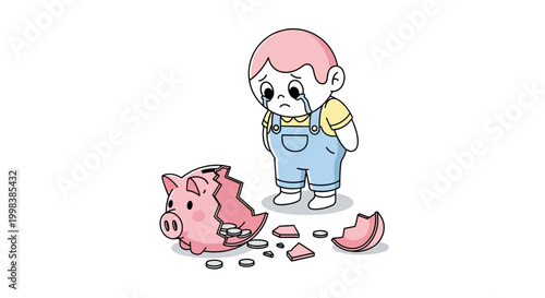 Sad child with broken piggy bank.