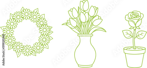 Beautiful line art floral designs featuring a flower wreath tulips in vase and potted rose illustration isolated on transparent background