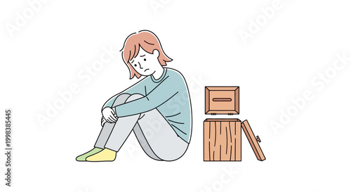 Sad woman sitting on floor alone.
