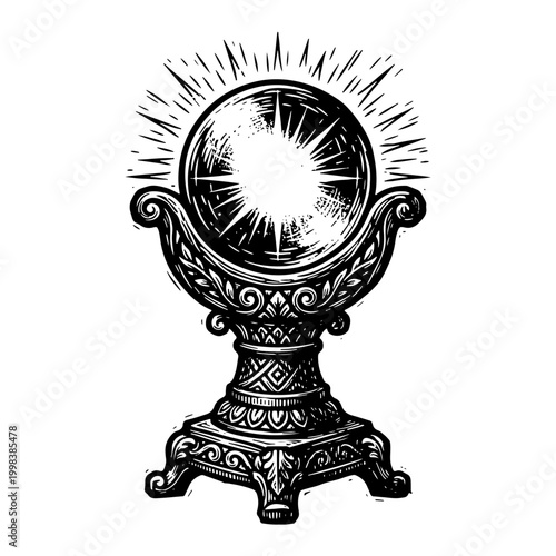 Intricately designed crystal ball on an ornate stand with radiant light rays emanating from it, symbolizing mysticism and divination in a woodcut style illustration.