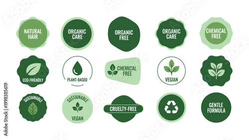Eco-Friendly Badges: A visually appealing collection of eco-friendly badges and stickers, showcasing a range of natural, organic, and sustainable labels.