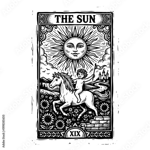 Black and white woodcut style vector illustration of a nude man riding a horse under a radiant sun with a face, surrounded by flowers and geometric patterns, representing The Sun tarot card.