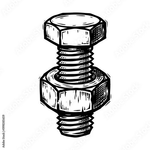 Detailed woodcut style vector illustration of a double stacked bolt and nut in black and white, showcasing industrial hardware in a classic engraved aesthetic.