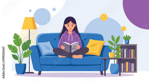 Peaceful illustration of girl relaxing on a blue sofa while reading a book. Cozy home interior scene with plants lamp and bookshelves in the background for a calm atmosphere.