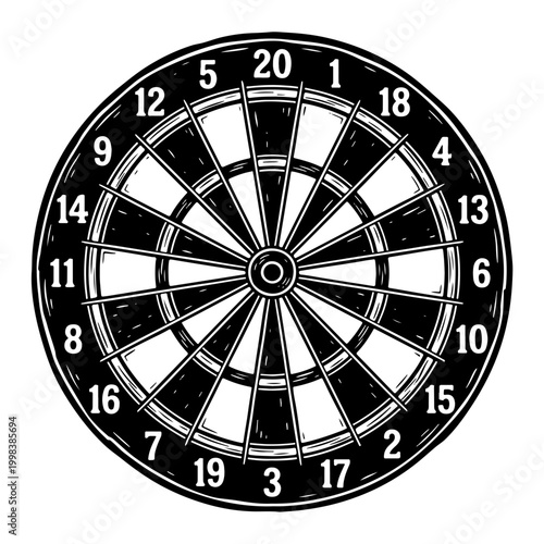 Classic black and white dartboard with numbered sections in a woodcut style, isolated on a white background for graphic design and illustration purposes.