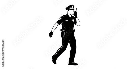 Black silhouette of police officer walking and talking on radio
