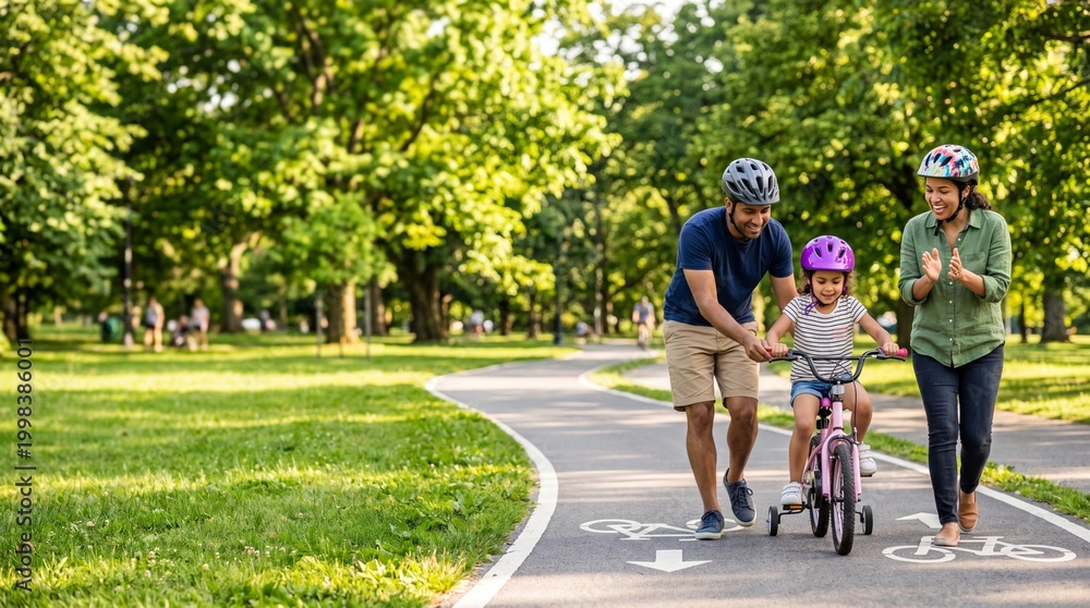 Obraz premium Family riding bike on park path