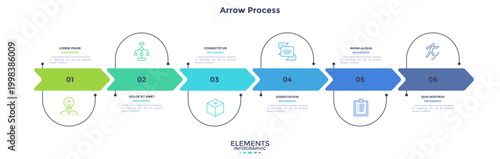 Arrow process infographic with six steps and icons. Horizontal business timeline template for presentation slide. Vector illustration chart for workflow, project planning and data visualization.