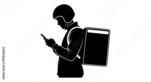 Black silhouette of delivery man with backpack looking at phone