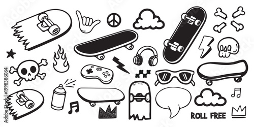 Cool skateboard and gaming doodle vector set for stickers, t-shirts, posters, and other uses