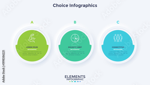 Neumorphic vector illustration. Modern business infographic template with three circular options. Presentation slide diagram layout for strategy and statistics planning. Professional corporate data