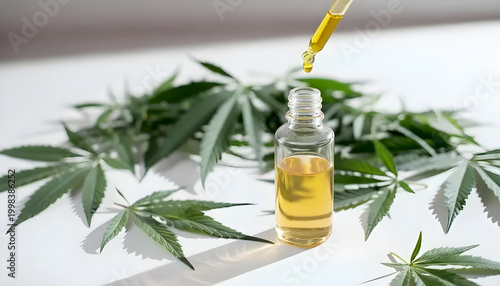 Oil extract in a bottle, natural treatment based on marijuana (cannabis). Cannabis oil in a glass bottle with marijuana plants around it. Alternative medicine.