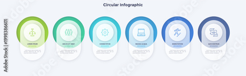 Vector illustration, Circular infographic template with six steps for business presentation slide. Modern diagram layout showing process stages. Financial data visualization tool for strategy planning