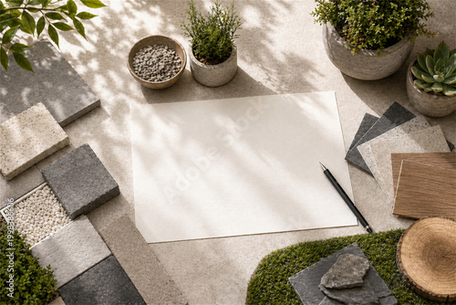 Landscape design planning flat lay with paving samples plants gravel and outdoor materials