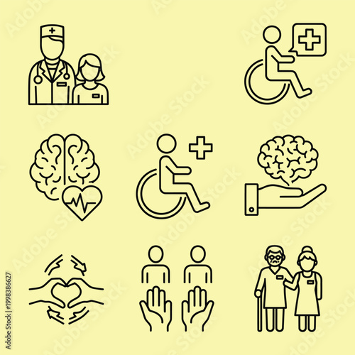 Healthcare workers helping disabled people.