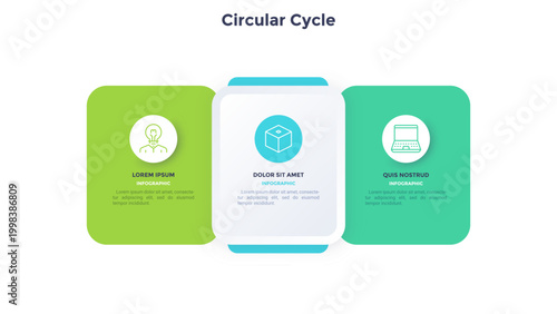 Infographic slide template with three rounded rectangular boxes featuring process steps. Vector illustration of comparison chart for business presentation. Data visualization corporate layout.