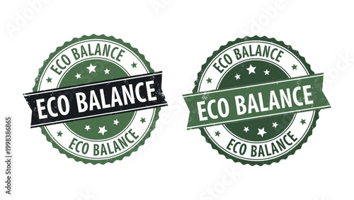 Eco Balance Emblem: Two eco-balance emblems, featuring a classic round shape with stars and ribbon banners, symbolize ecological equilibrium and environmental harmony.