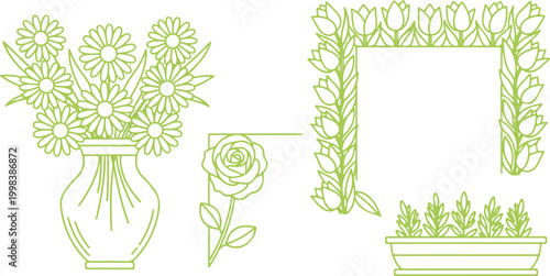 Elegant floral line art designs featuring vase with daisies bouquet rose plant window arch and small herb garden planter
