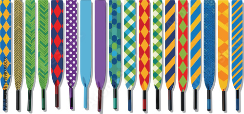Colorful Patterned Necktie Vector Set with Stripes, Plaid, Polka Dots, Geometric, and Argyle Designs for Men’s Fashion, Business, and Formal Wear Illustrations