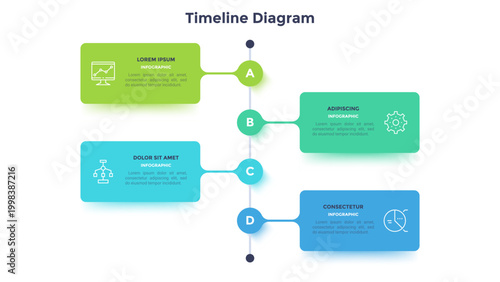 Illustration with Timeline diagram infographic with four steps. Modern business presentation template with geometric shapes and process flow. Vector element for strategic planning and project