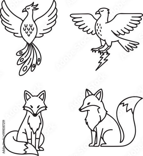 Obraz na płótnie Minimalist Animal Line Art Set - Phoenix, Thunderbird, and Foxes Vector Illustra